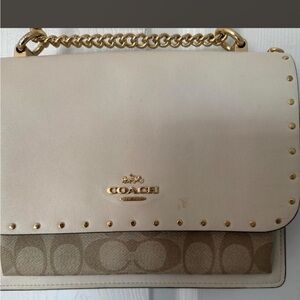 Coach Beige Signature Canvas & Leather Chain Shoulder Bag with Gold Hardware